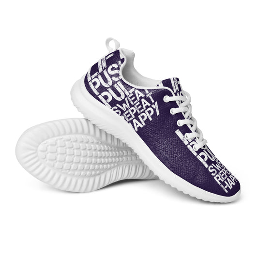 Mens dark purple athletic shoes closeup serrated rubber sole with white lift push pull sweat repeat happy distress print ultralight soft flyknit