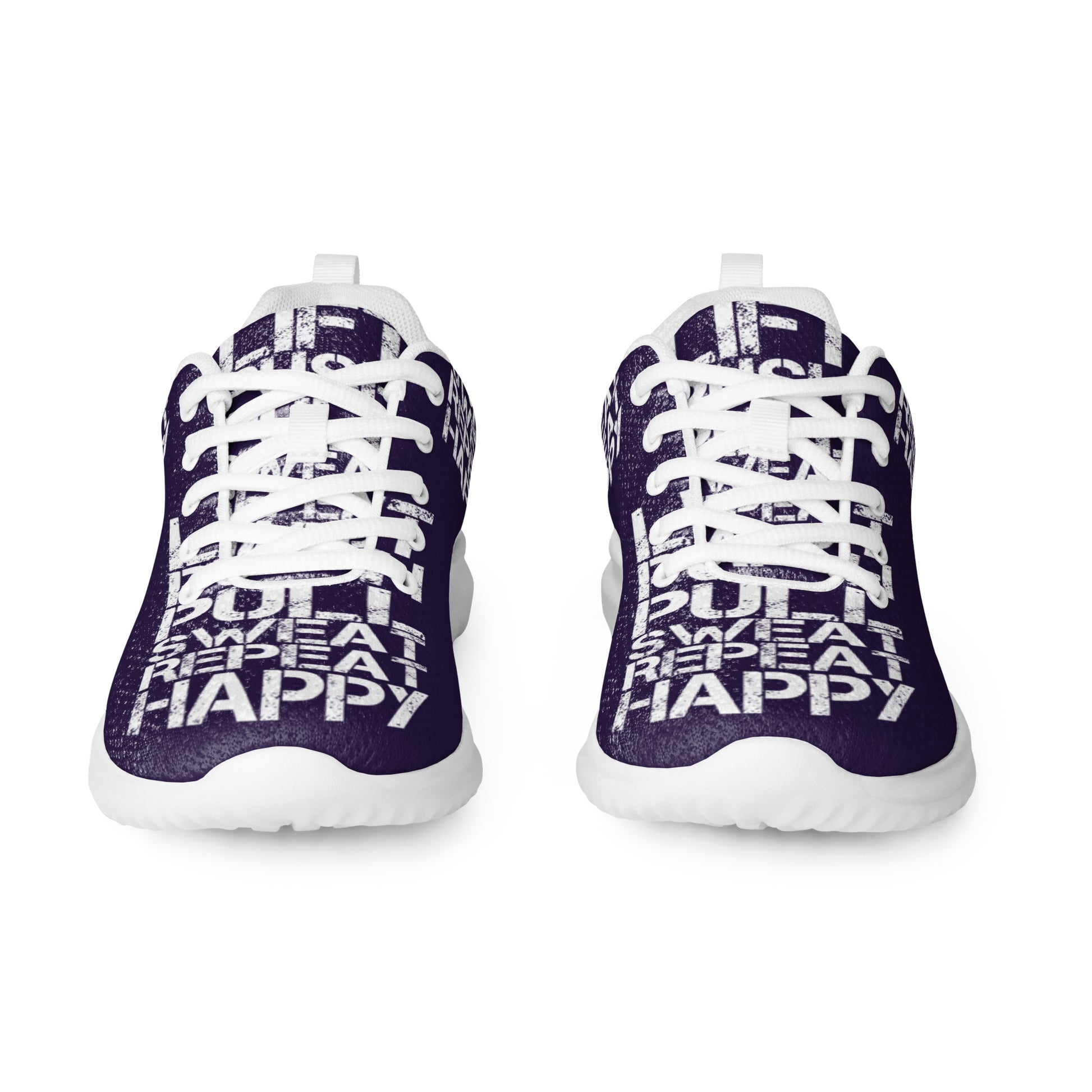 Dark purple sneakers sleek front view rubber tread detail white lift push pull sweat repeat happy distress print lace up mens athletic shoes