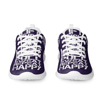 Dark purple sneakers sleek front view rubber tread detail white lift push pull sweat repeat happy distress print lace up mens athletic shoes