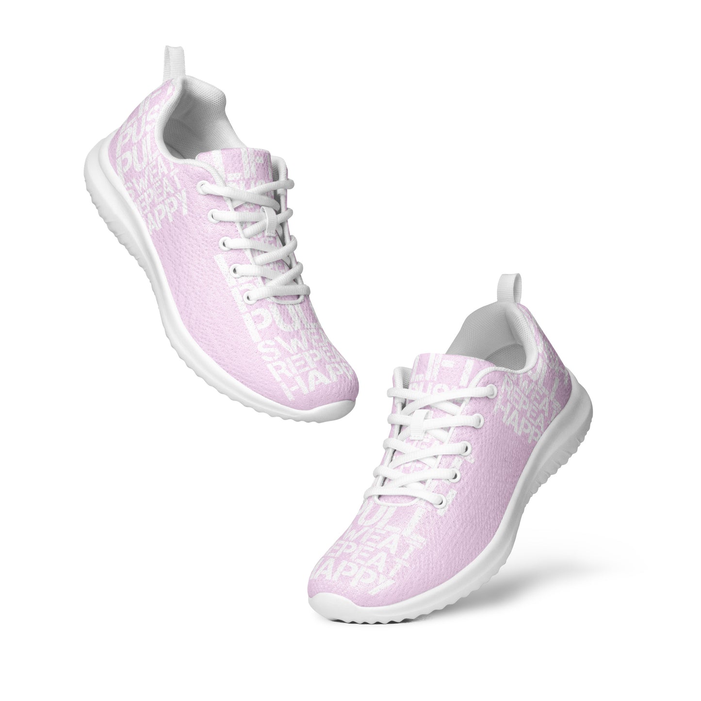 Mens ultralight flyknit pink sneakers floating view padded collar pull tabs white lift push pull sweat repeat happy distress print