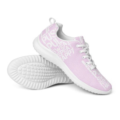 Mens pink athletic shoes closeup serrated rubber sole with white lift push pull sweat repeat happy distress print ultralight soft flyknit