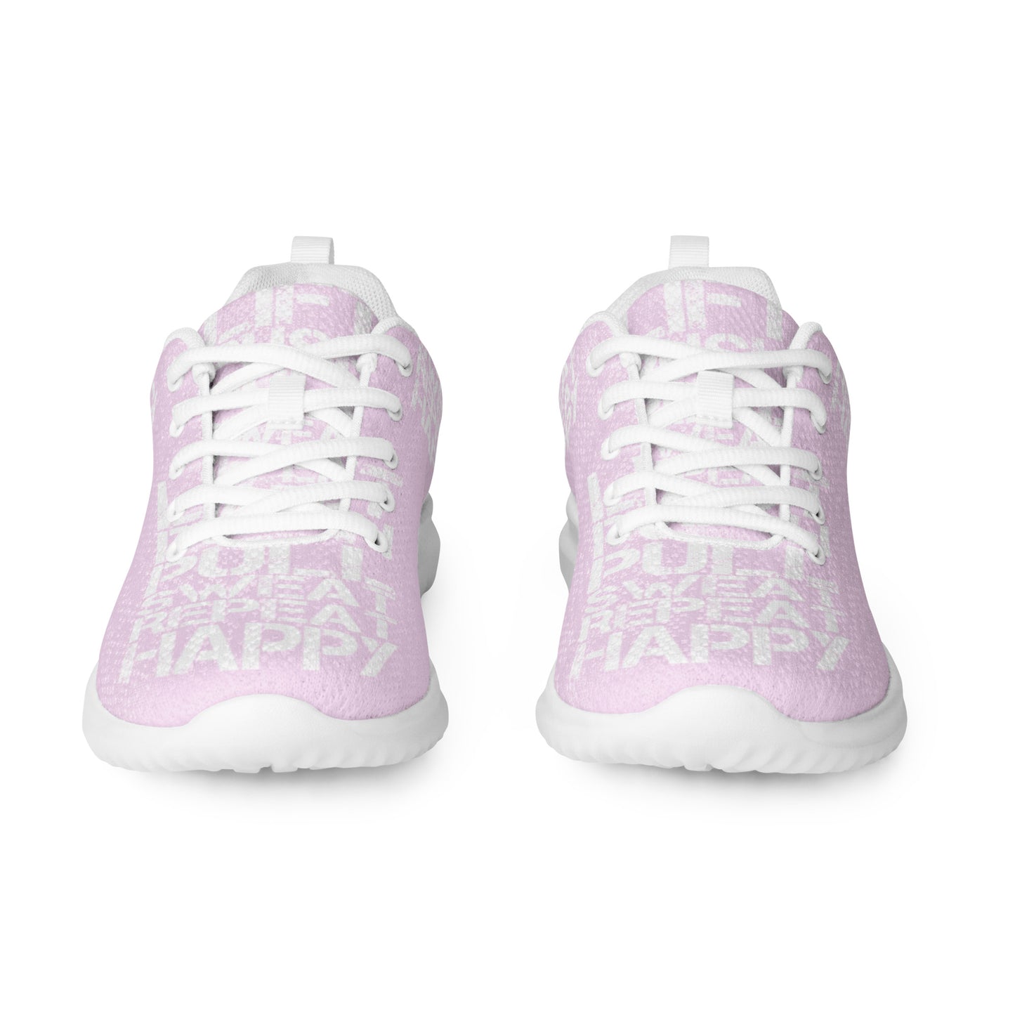 Pink sneakers sleek front view rubber tread detail white lift push pull sweat repeat happy distress print lace up mens athletic shoes