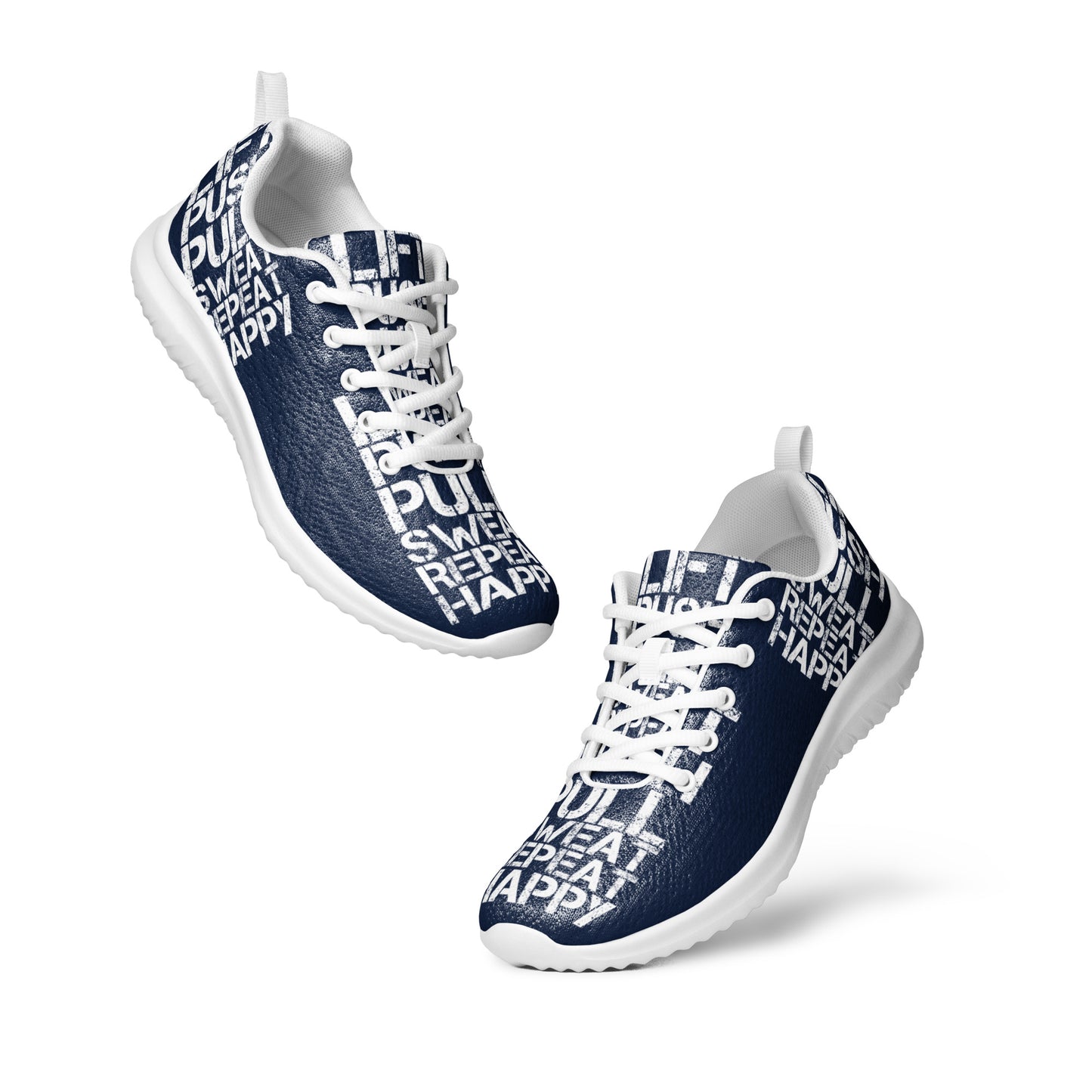 Mens ultralight flyknit navy blue sneakers floating view padded collar pull tabs white lift push pull sweat repeat happy distress print