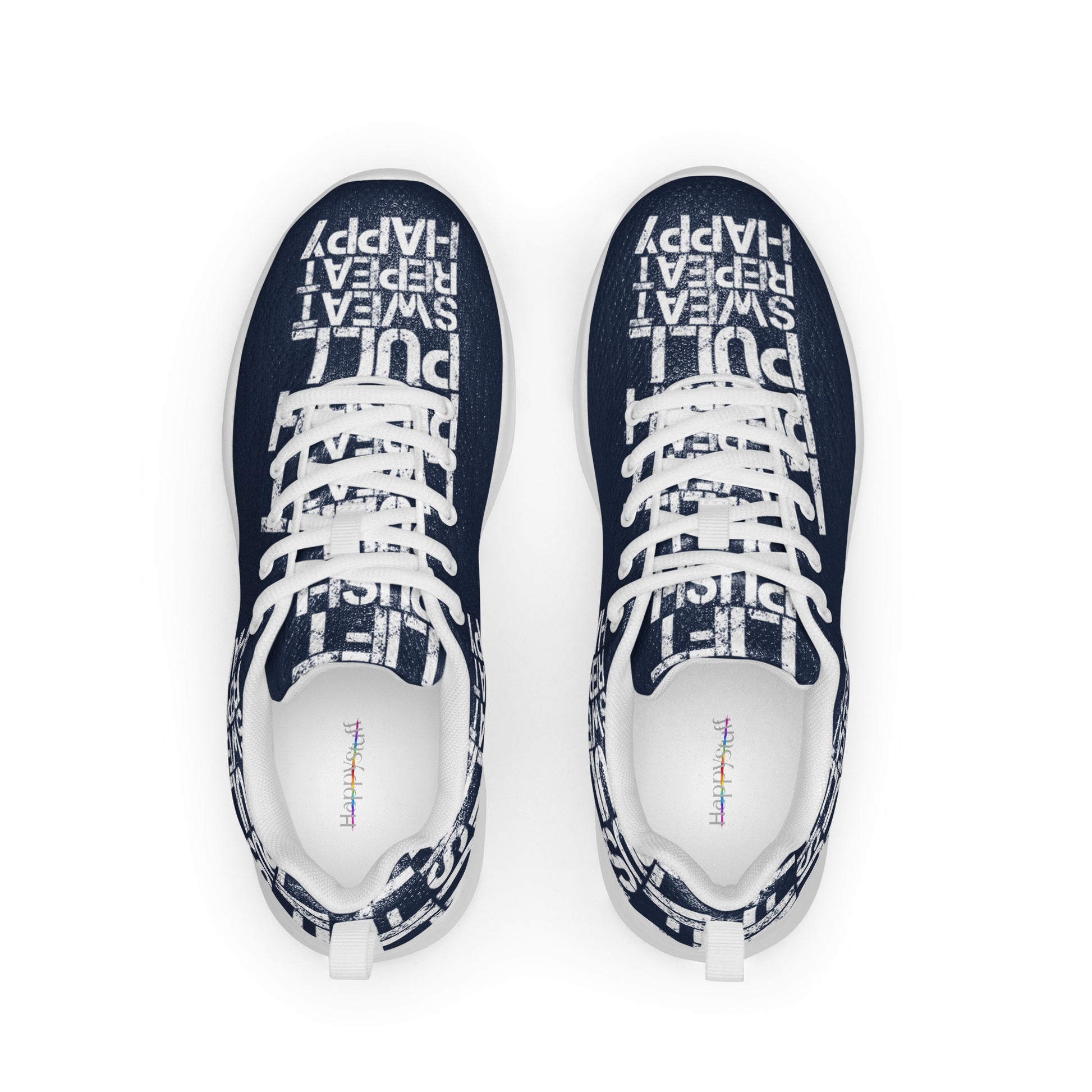 Navy blue sneakers top view mens athletic shoes padded collar soft insole label showing white lift push pull sweat repeat happy distress print