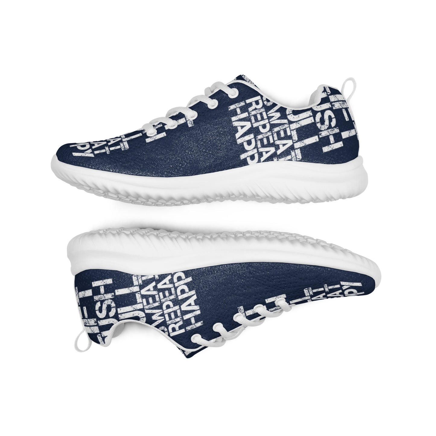 Lightweight navy blue sneakers flip view grip treads padded collar lace up lift push pull sweat repeat happy distress print mens athletic shoes