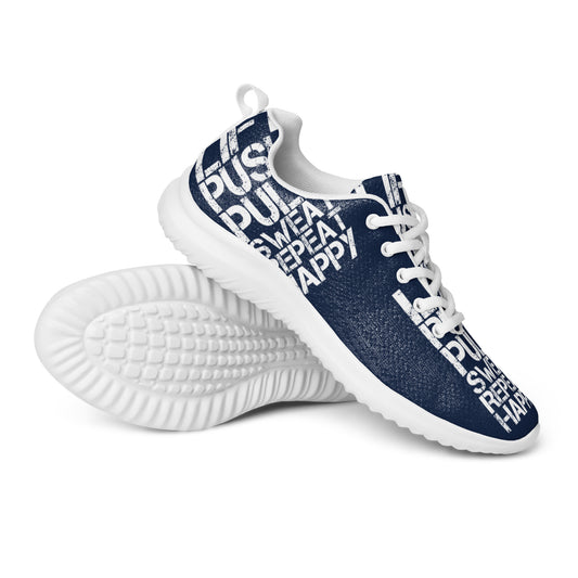 Mens navy blue athletic shoes closeup serrated rubber sole with white lift push pull sweat repeat happy distress print ultralight soft flyknit