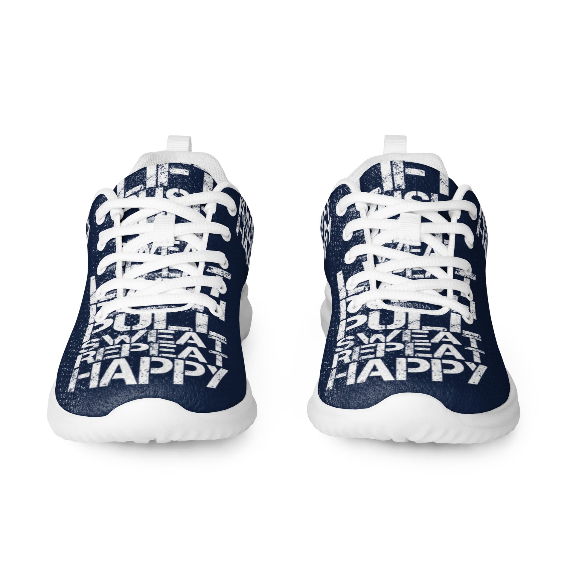 Navy blue sneakers sleek front view rubber tread detail white lift push pull sweat repeat happy distress print lace up mens athletic shoes