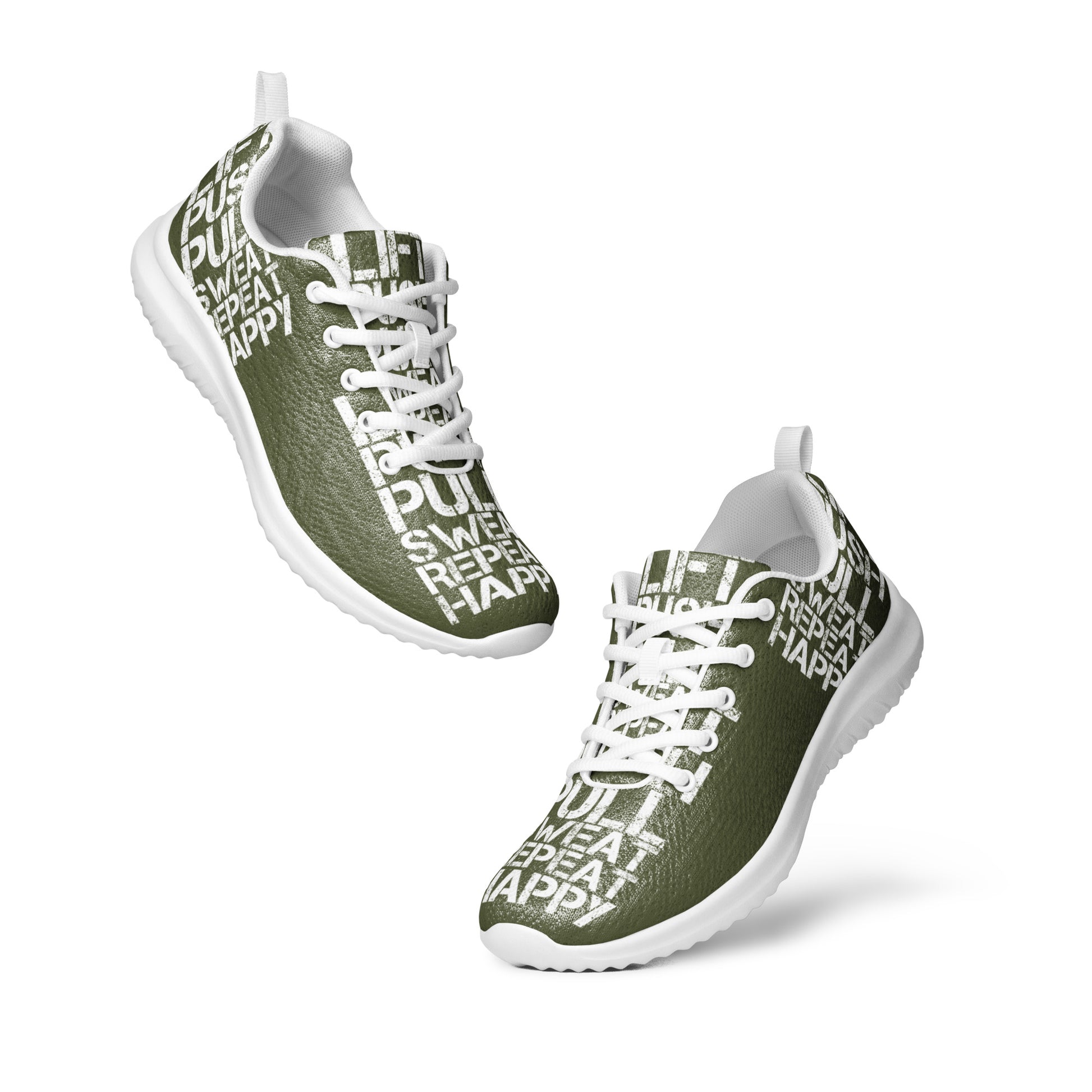 Mens ultralight flyknit khaki green sneakers floating view padded collar pull tabs white lift push pull sweat repeat happy distress print