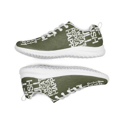 Lightweight khaki green sneakers flip view grip treads padded collar lace up lift push pull sweat repeat happy distress print mens athletic shoes