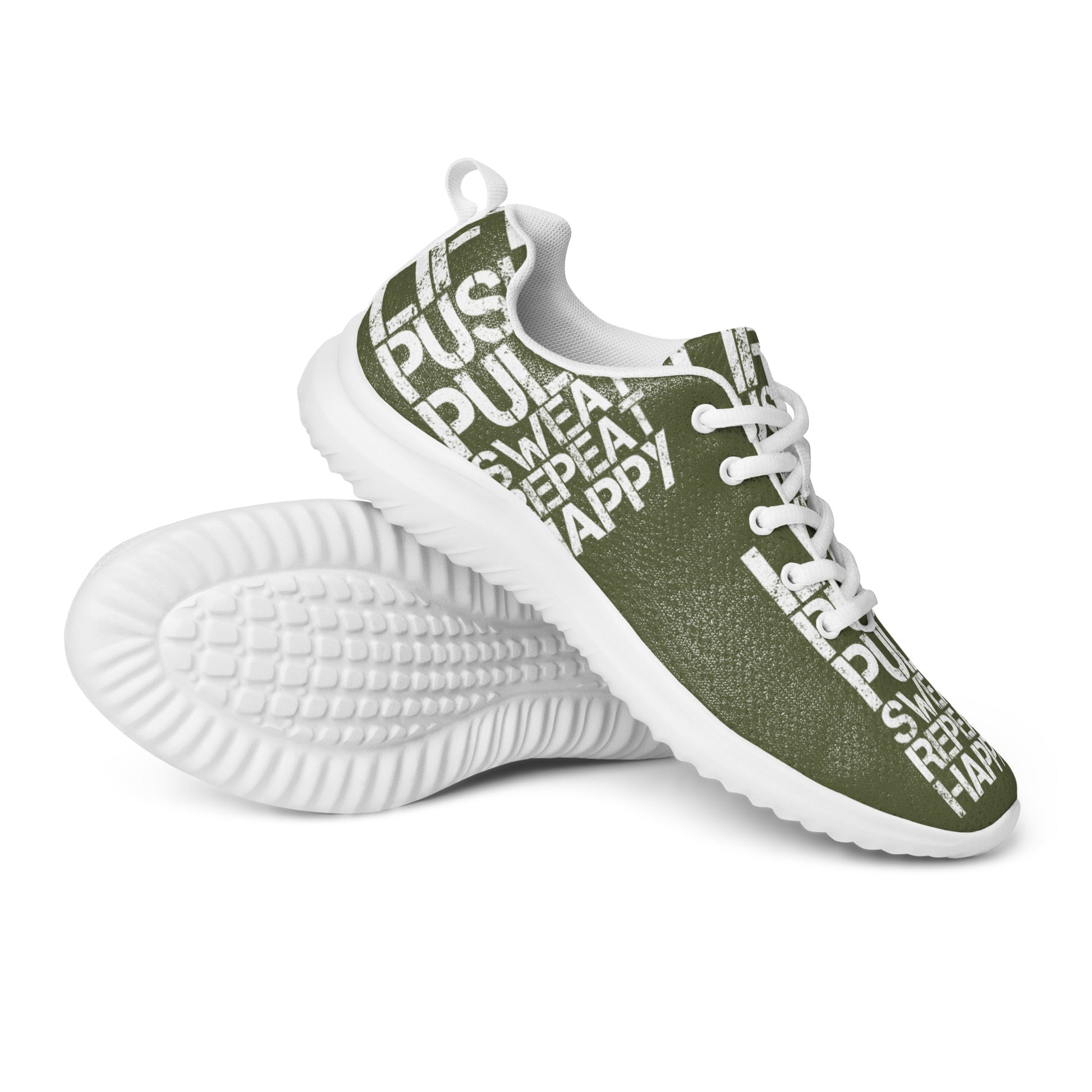 Mens khaki green athletic shoes closeup serrated rubber sole with white lift push pull sweat repeat happy distress print ultralight soft flyknit