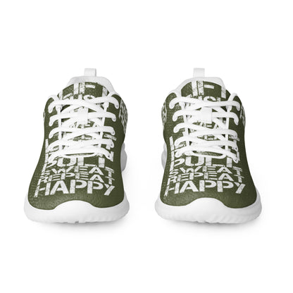 Khaki green sneakers sleek front view rubber tread detail white lift push pull sweat repeat happy distress print lace up mens athletic shoes