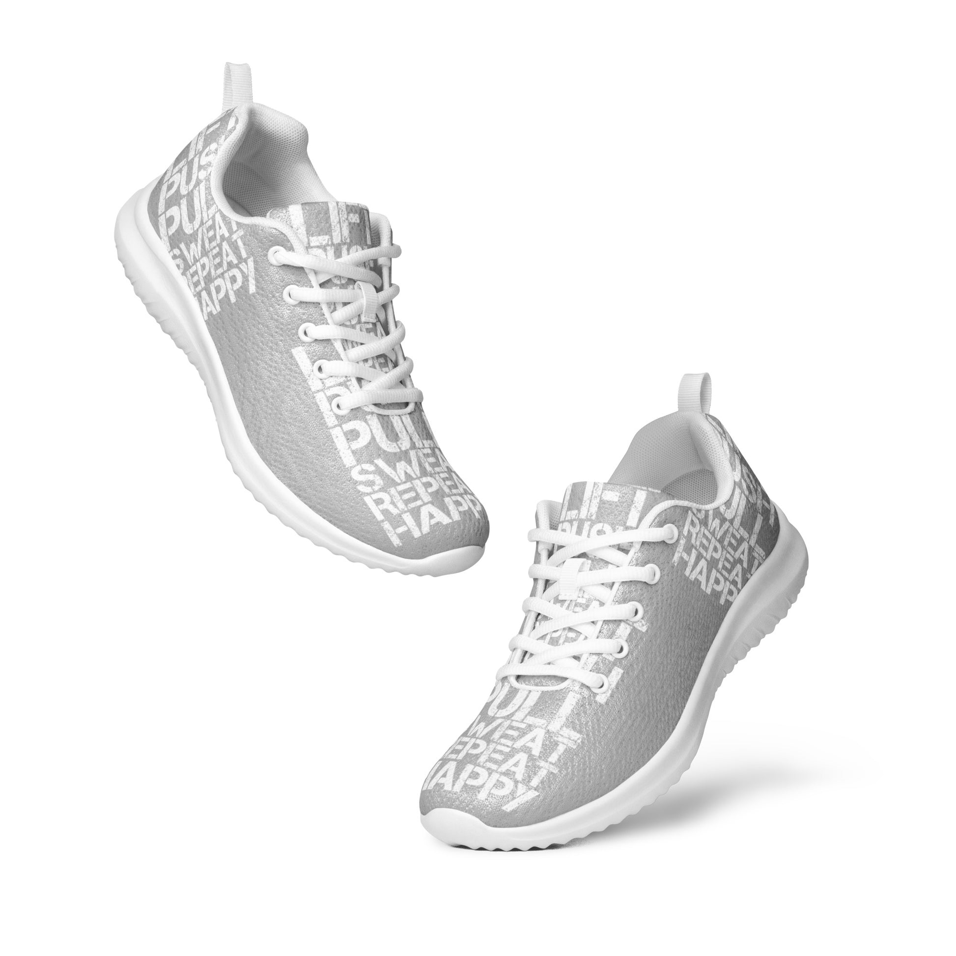 Mens ultralight flyknit grey sneakers floating view padded collar pull tabs white lift push pull sweat repeat happy distress print