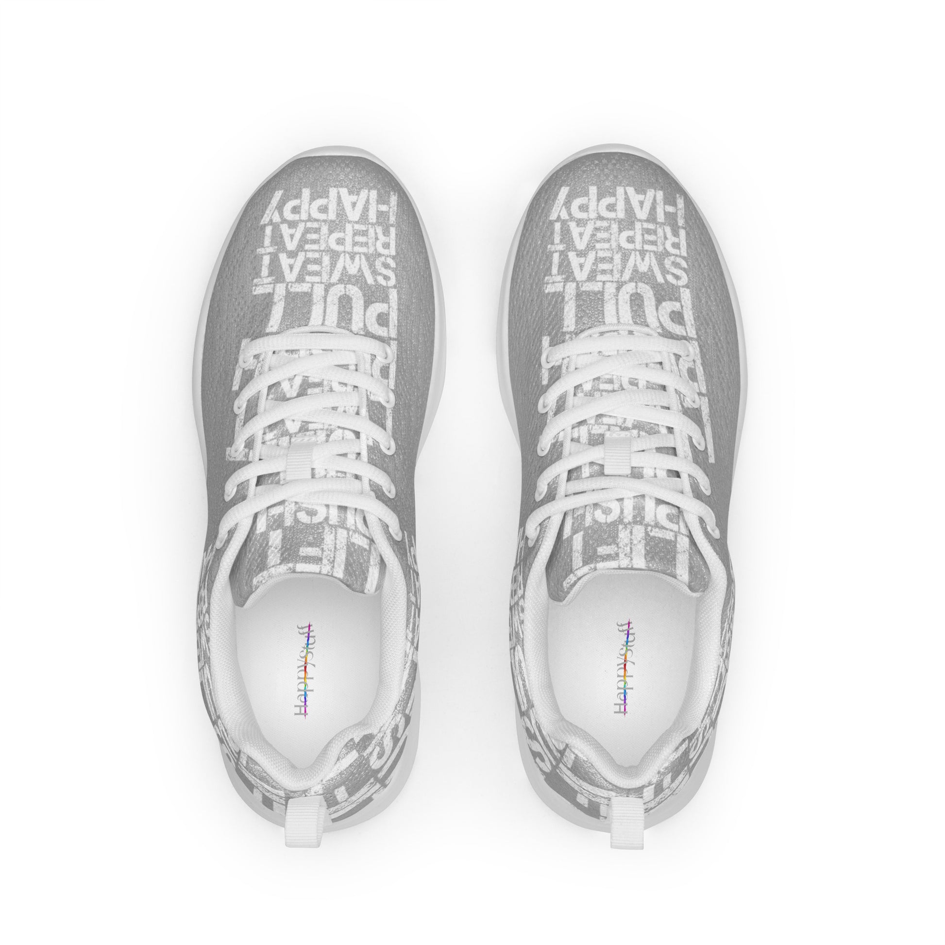 Grey sneakers top view mens athletic shoes padded collar soft insole label showing white lift push pull sweat repeat happy distress print