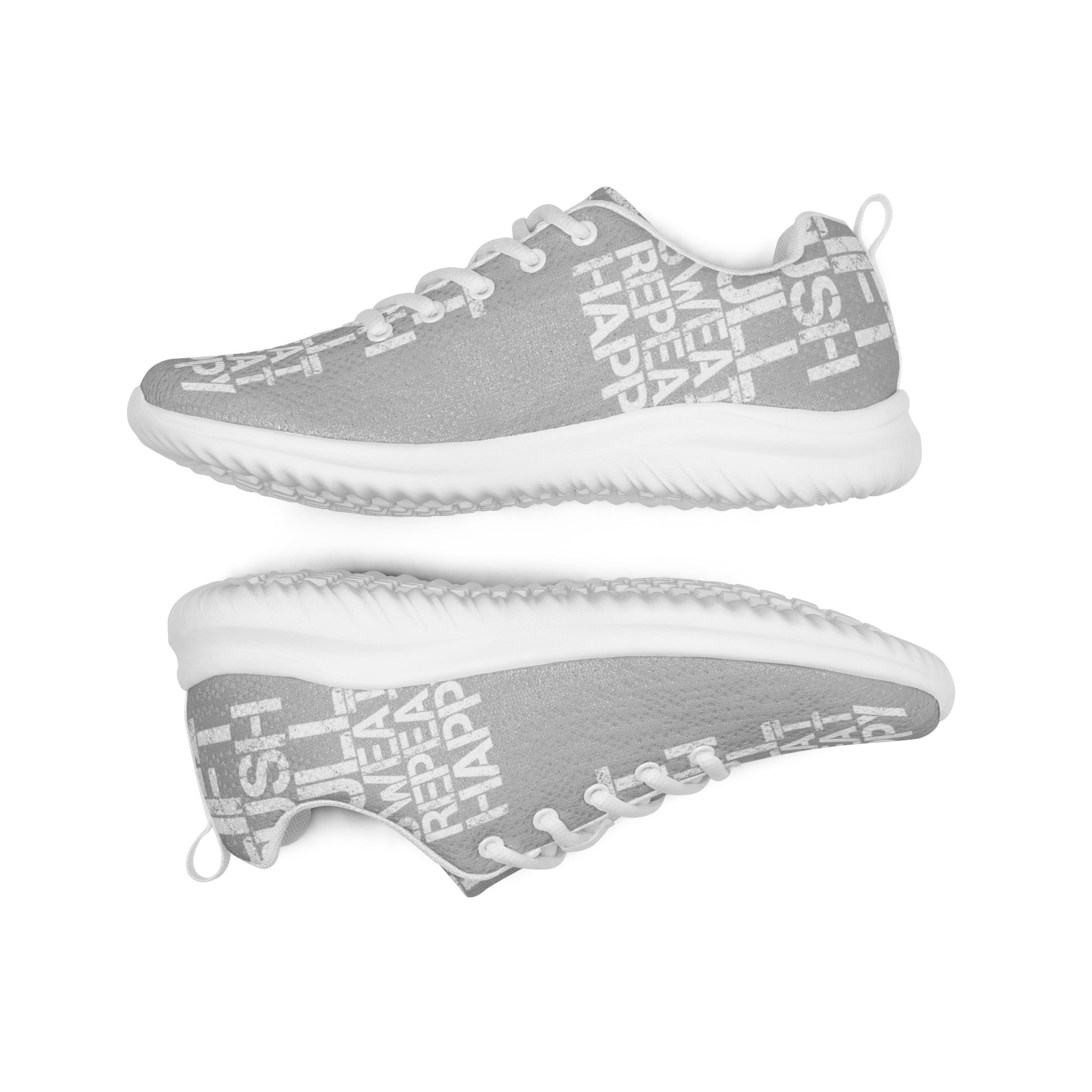 Lightweight grey sneakers flip view grip treads padded collar lace up lift push pull sweat repeat happy distress print mens athletic shoes