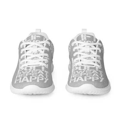 Grey sneakers sleek front view rubber tread detail white lift push pull sweat repeat happy distress print lace up mens athletic shoes