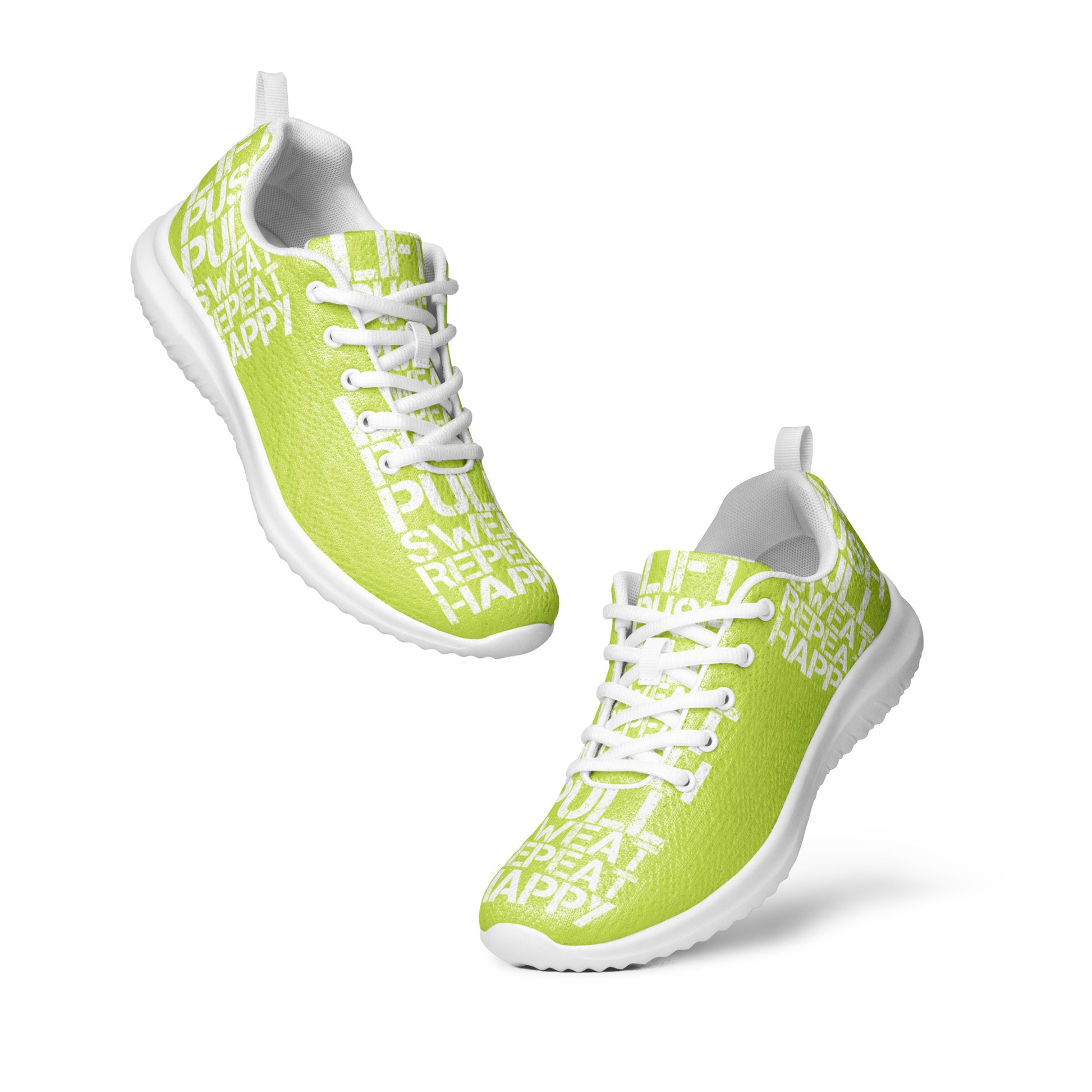 Mens ultralight flyknit green sneakers floating view padded collar pull tabs white lift push pull sweat repeat happy distress print