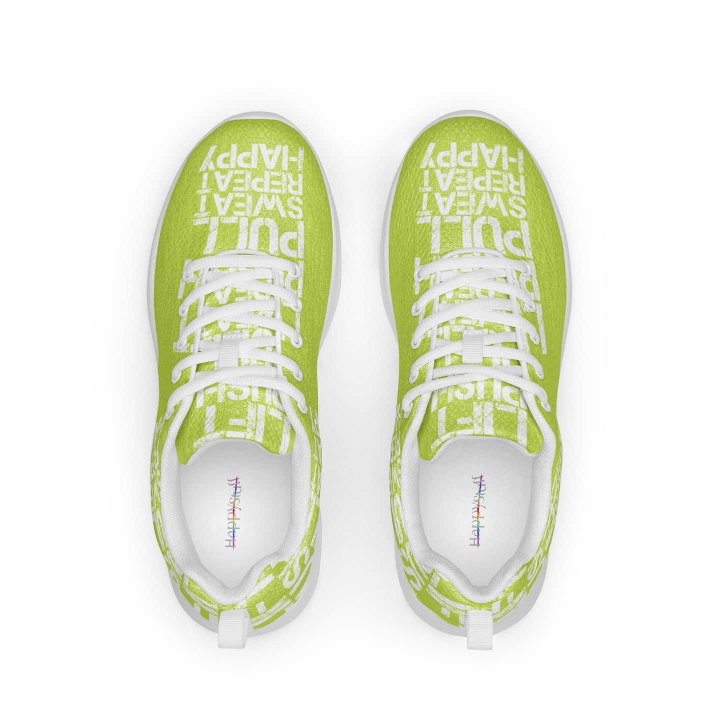 Green sneakers top view mens athletic shoes padded collar soft insole label showing white lift push pull sweat repeat happy distress print