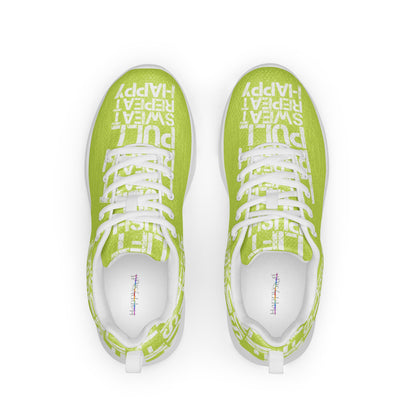 Green sneakers top view mens athletic shoes padded collar soft insole label showing white lift push pull sweat repeat happy distress print