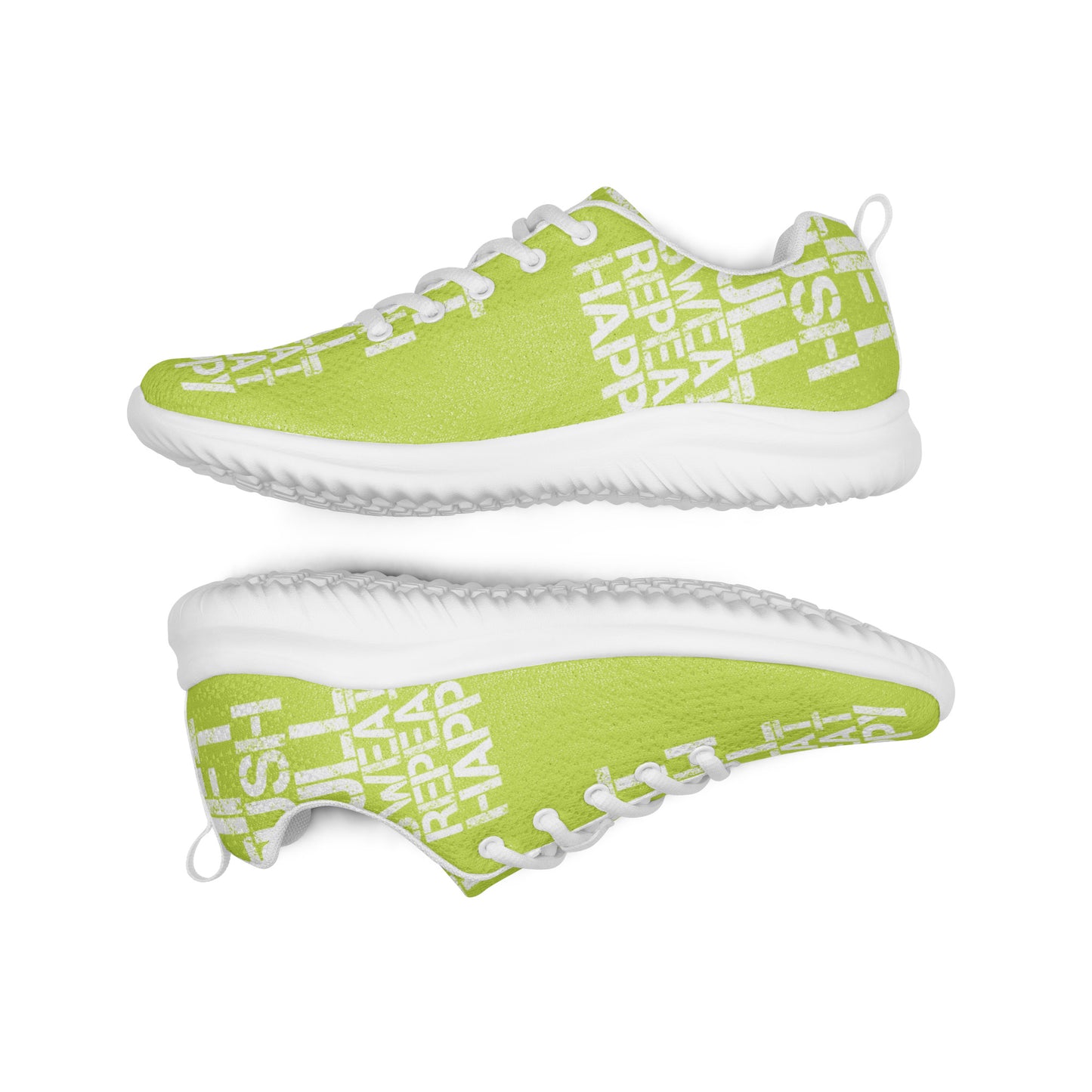 Lightweight green sneakers flip view grip treads padded collar lace up lift push pull sweat repeat happy distress print mens athletic shoes