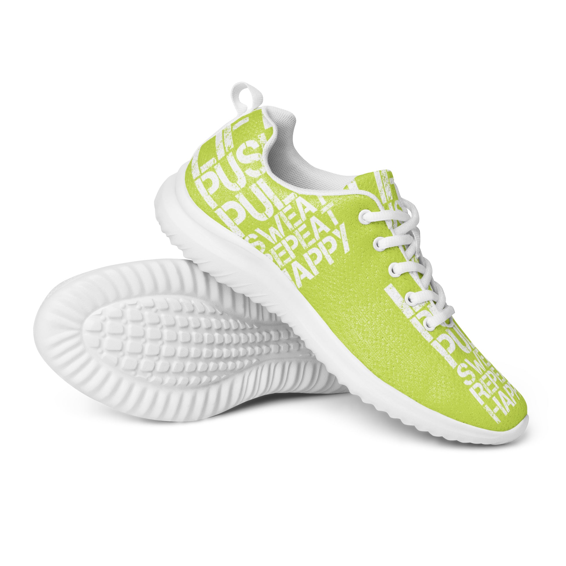 Mens green athletic shoes closeup serrated rubber sole with white lift push pull sweat repeat happy distress print ultralight soft flyknit