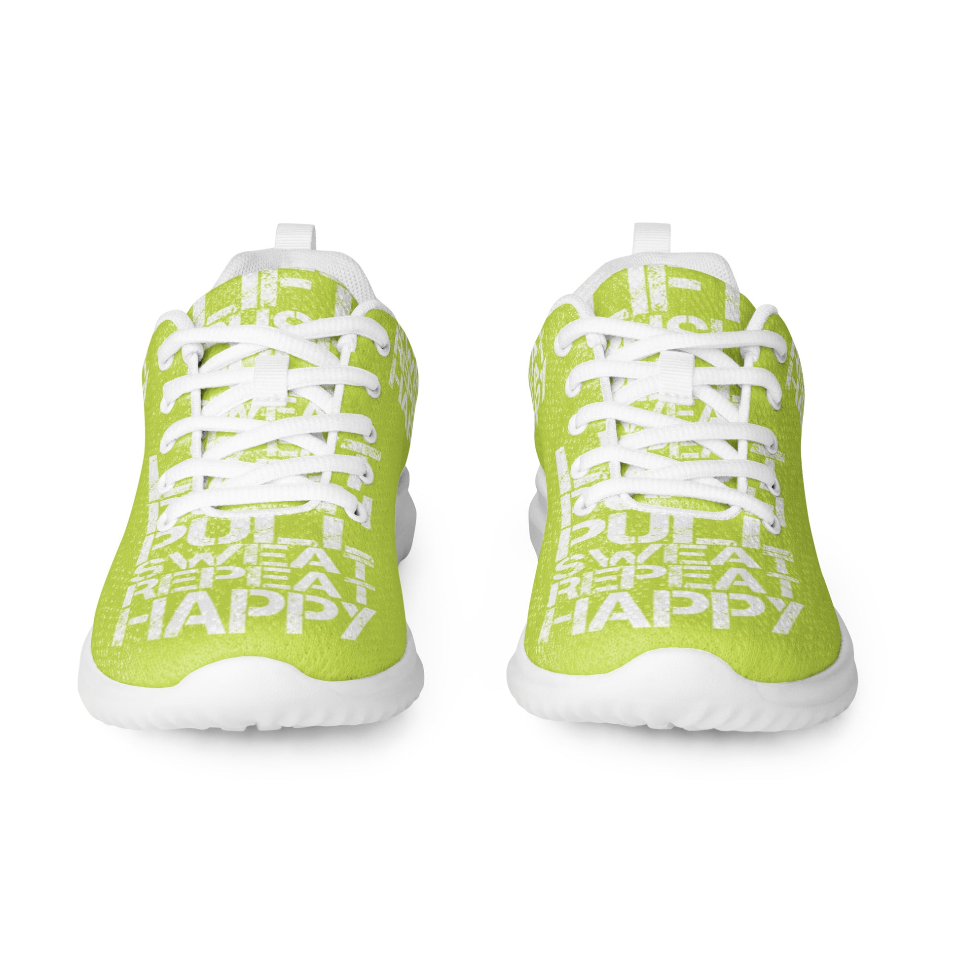 Green sneakers sleek front view rubber tread detail white lift push pull sweat repeat happy distress print lace up mens athletic shoes