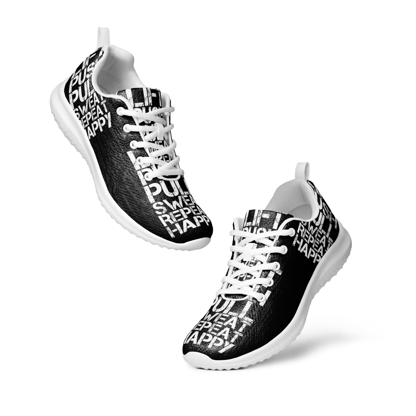 Mens ultralight flyknit black sneakers floating view padded collar pull tabs white lift push pull sweat repeat happy distress print