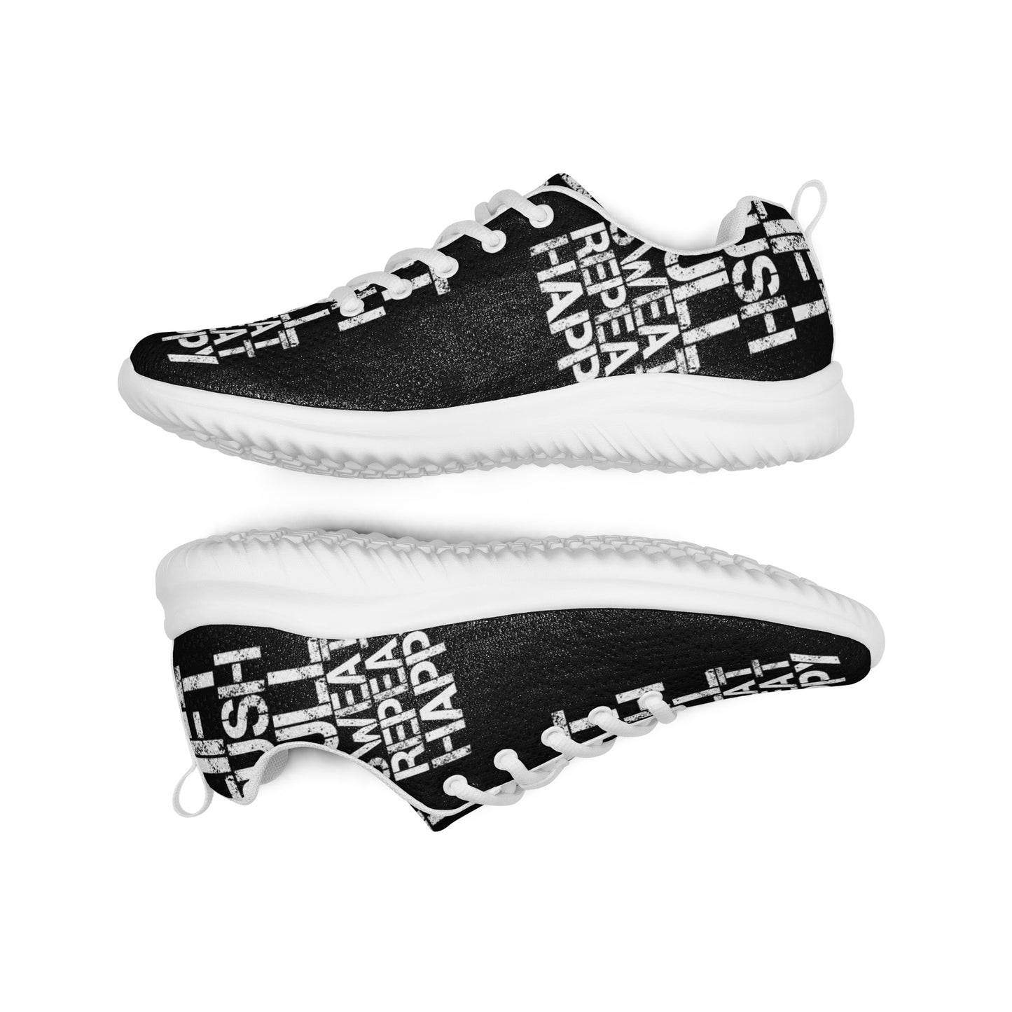 Lightweight black sneakers flip view grip treads padded collar lace up lift push pull sweat repeat happy distress print mens athletic shoes