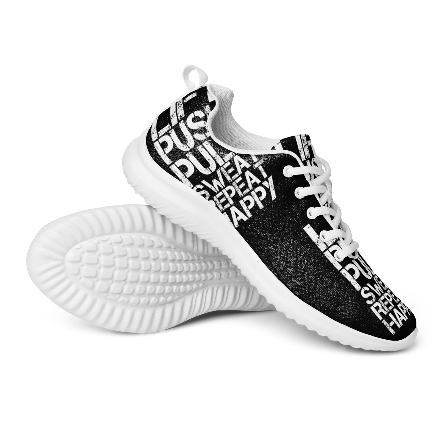 Mens black athletic shoes closeup serrated rubber sole with white lift push pull sweat repeat happy distress print ultralight soft flyknit