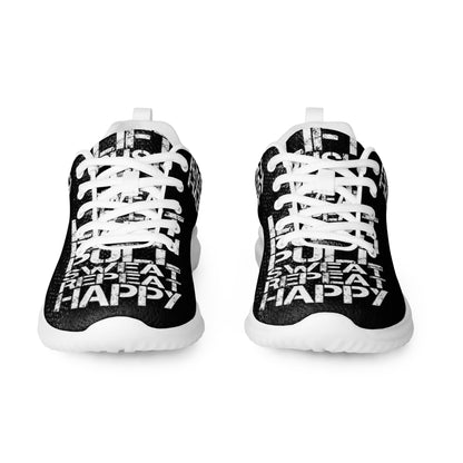 Black sneakers sleek front view rubber tread detail white lift push pull sweat repeat happy distress print lace up mens athletic shoes