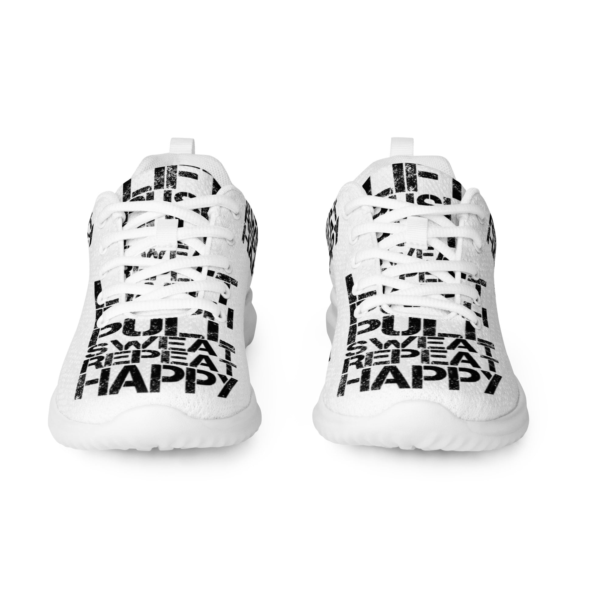 White sneakers sleek front view rubber tread detail black lift push pull sweat repeat happy distress print lace up mens athletic shoes