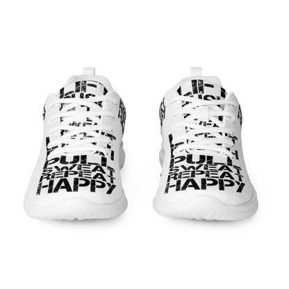 White sneakers sleek front view rubber tread detail black lift push pull sweat repeat happy distress print lace up mens athletic shoes