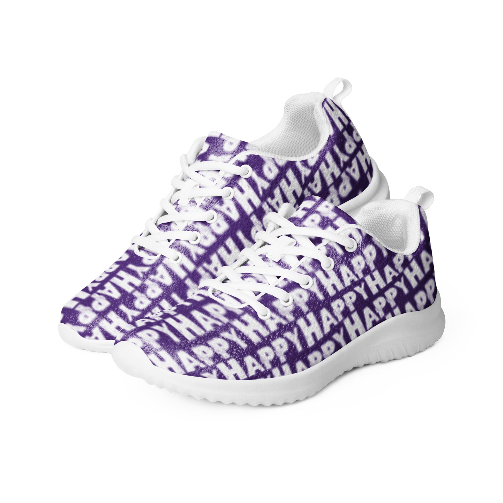 HappyStuff ultralight purple sneakers padded collar pull tabs lace up Happy Sponge Print mens athletic shoes side by side