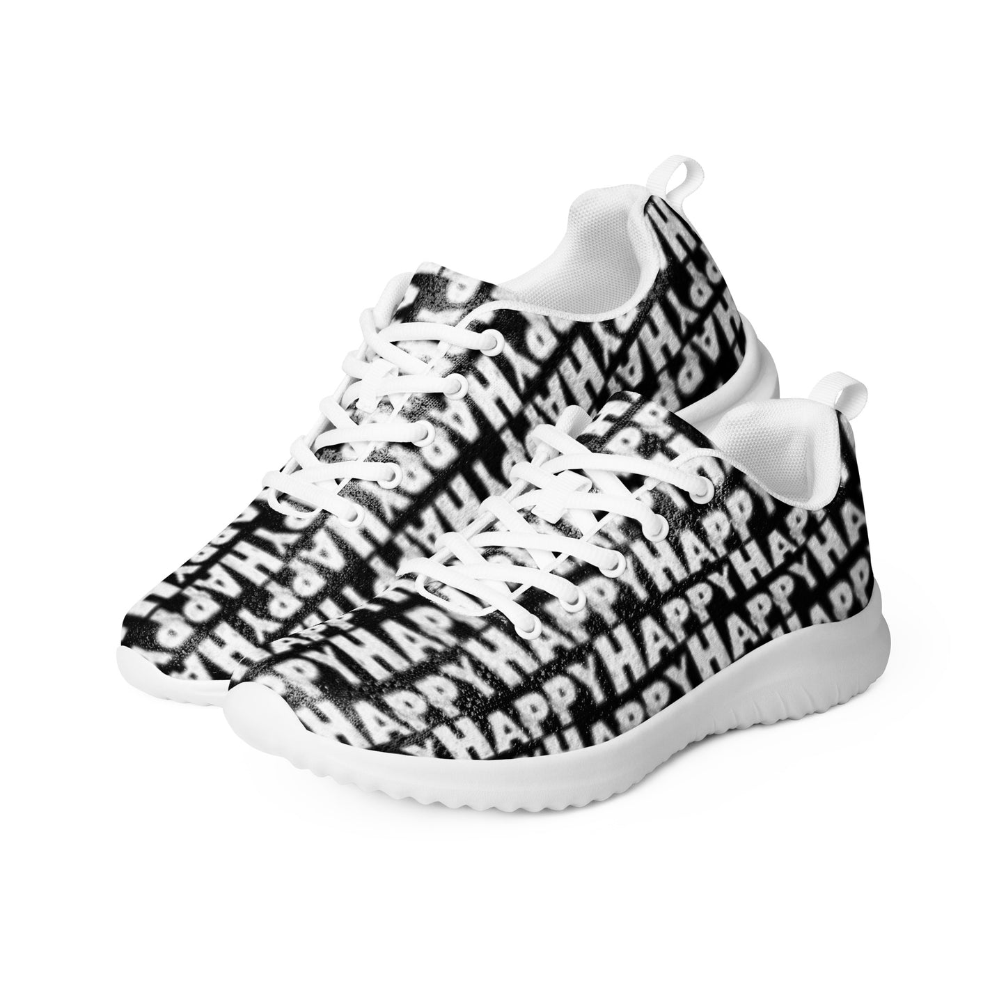 HappyStuff ultralight black sneakers padded collar pull tabs lace up Happy Sponge Print mens athletic shoes side by side