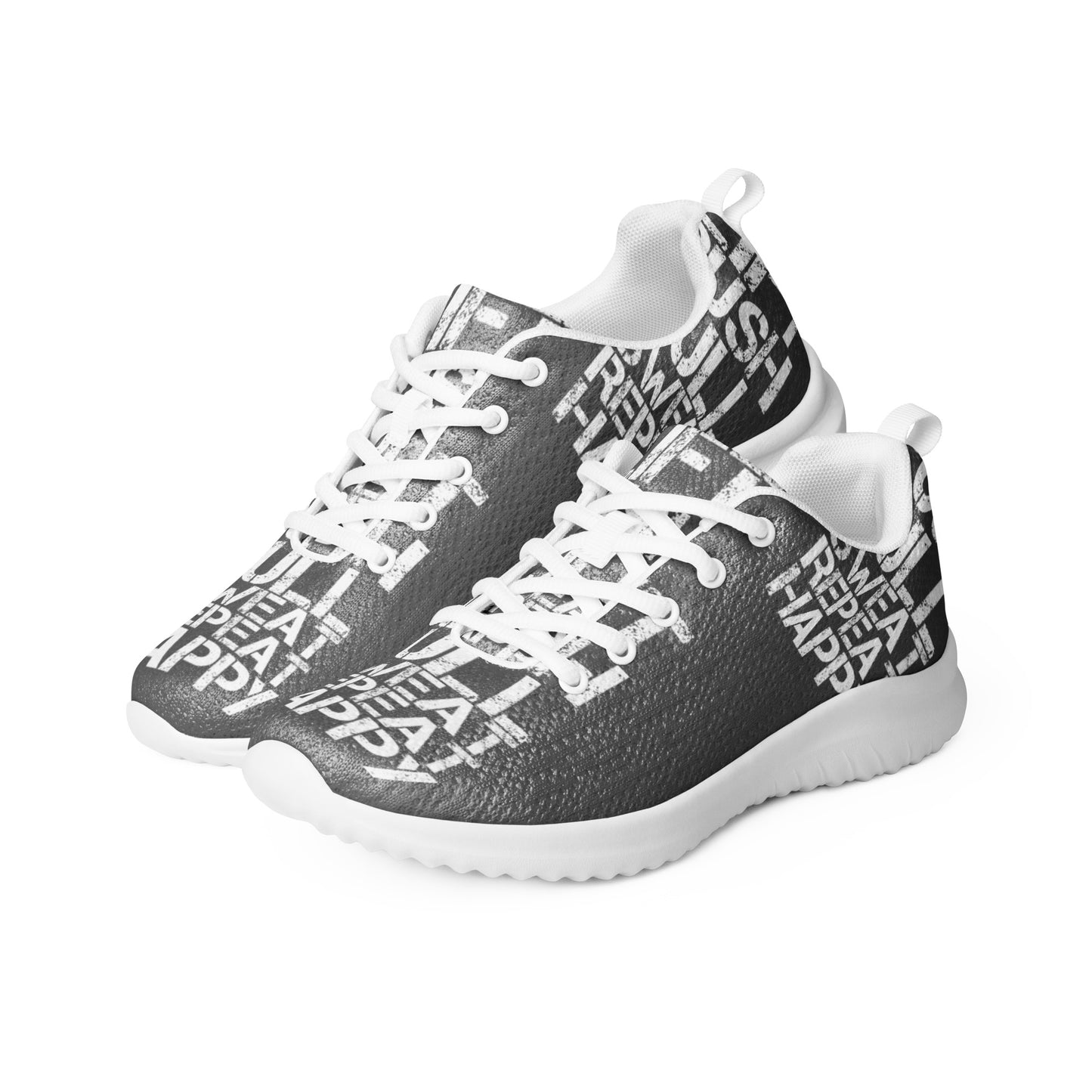 Mens athletic shoes side by side ultralight flyknit slate grey sneakers white lift push pull sweat repeat happy distress print HappyStuff brand