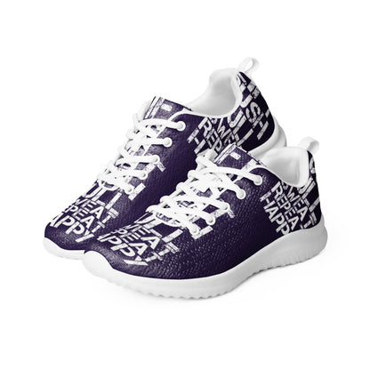 Mens athletic shoes side by side ultralight flyknit dark purple sneakers white lift push pull sweat repeat happy distress print HappyStuff brand