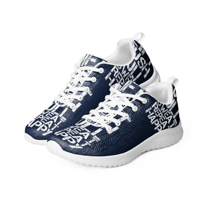 Mens athletic shoes side by side ultralight flyknit navy blue sneakers white lift push pull sweat repeat happy distress print HappyStuff brand