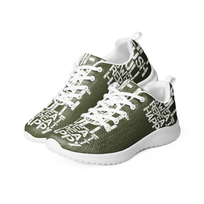 Mens athletic shoes side by side ultralight flyknit khaki green sneakers white lift push pull sweat repeat happy distress print HappyStuff brand