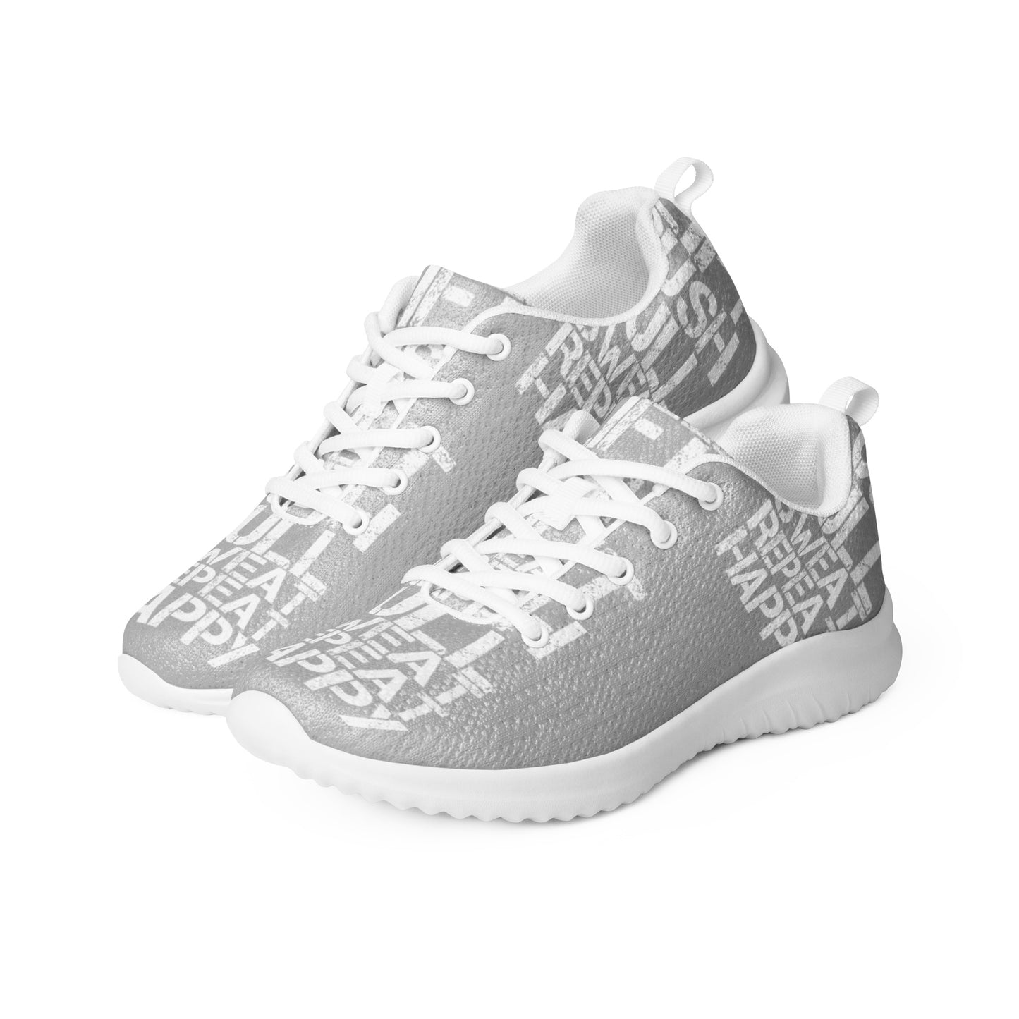 Mens athletic shoes side by side ultralight flyknit grey sneakers white lift push pull sweat repeat happy distress print HappyStuff brand