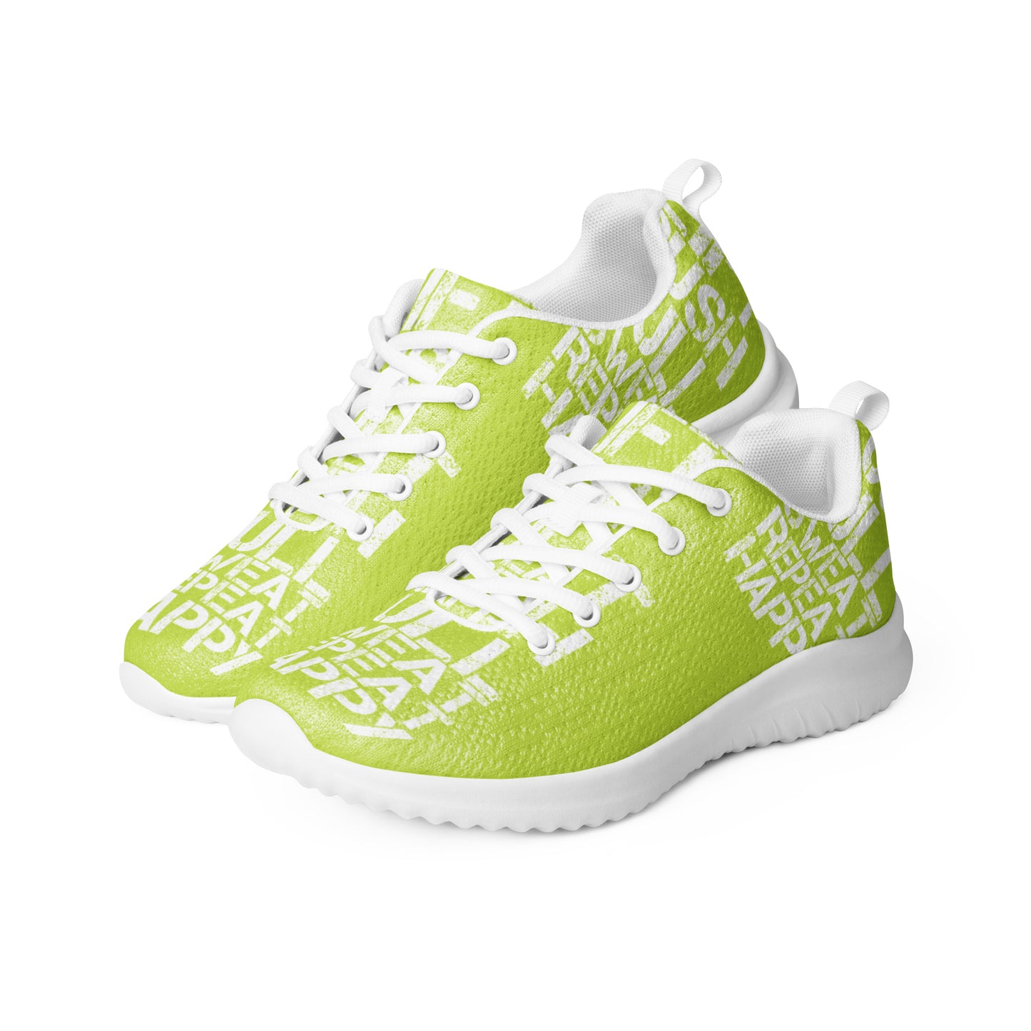 Mens athletic shoes side by side ultralight flyknit green sneakers white lift push pull sweat repeat happy distress print HappyStuff brand