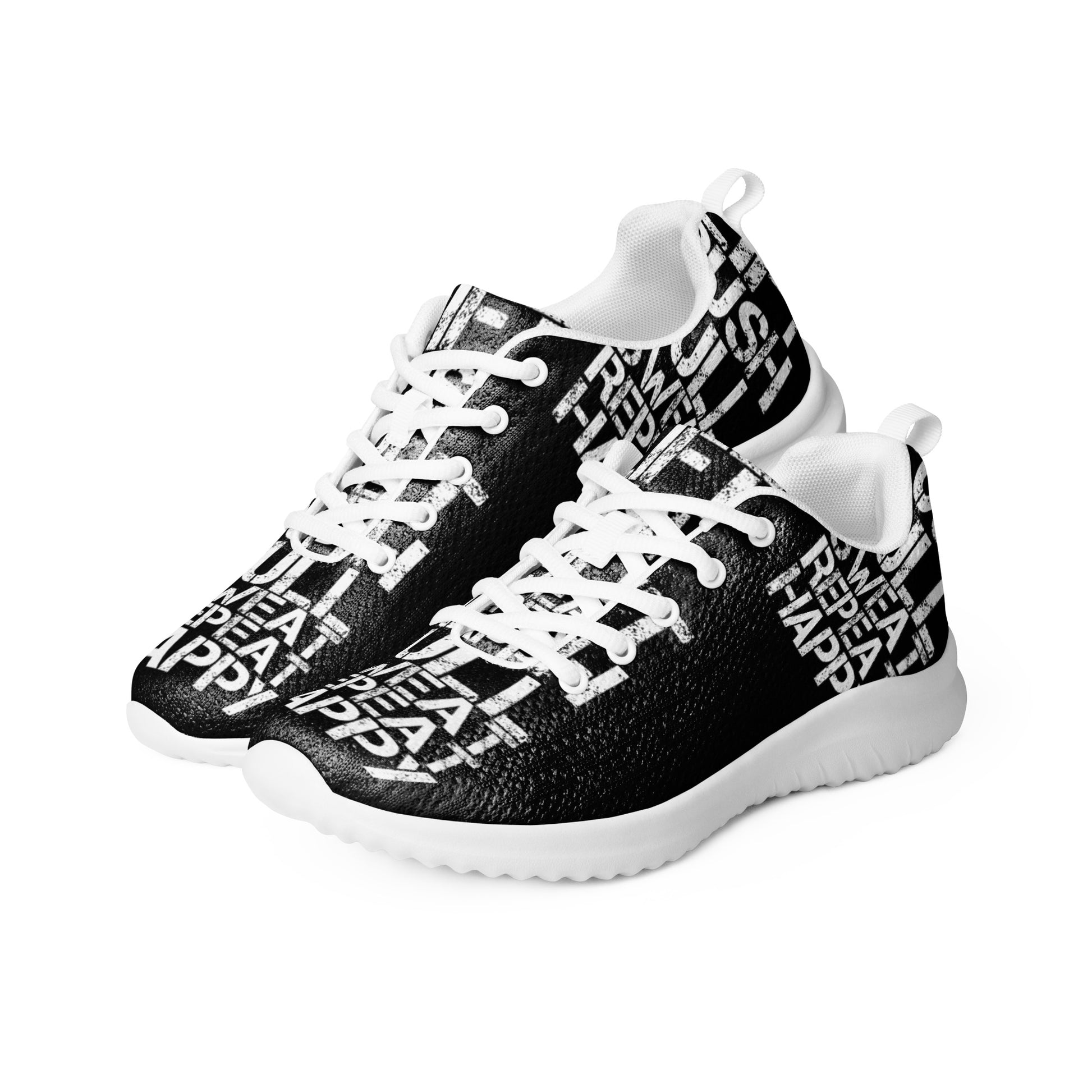 Mens athletic shoes side by side ultralight flyknit black sneakers white lift push pull sweat repeat happy distress print HappyStuff brand