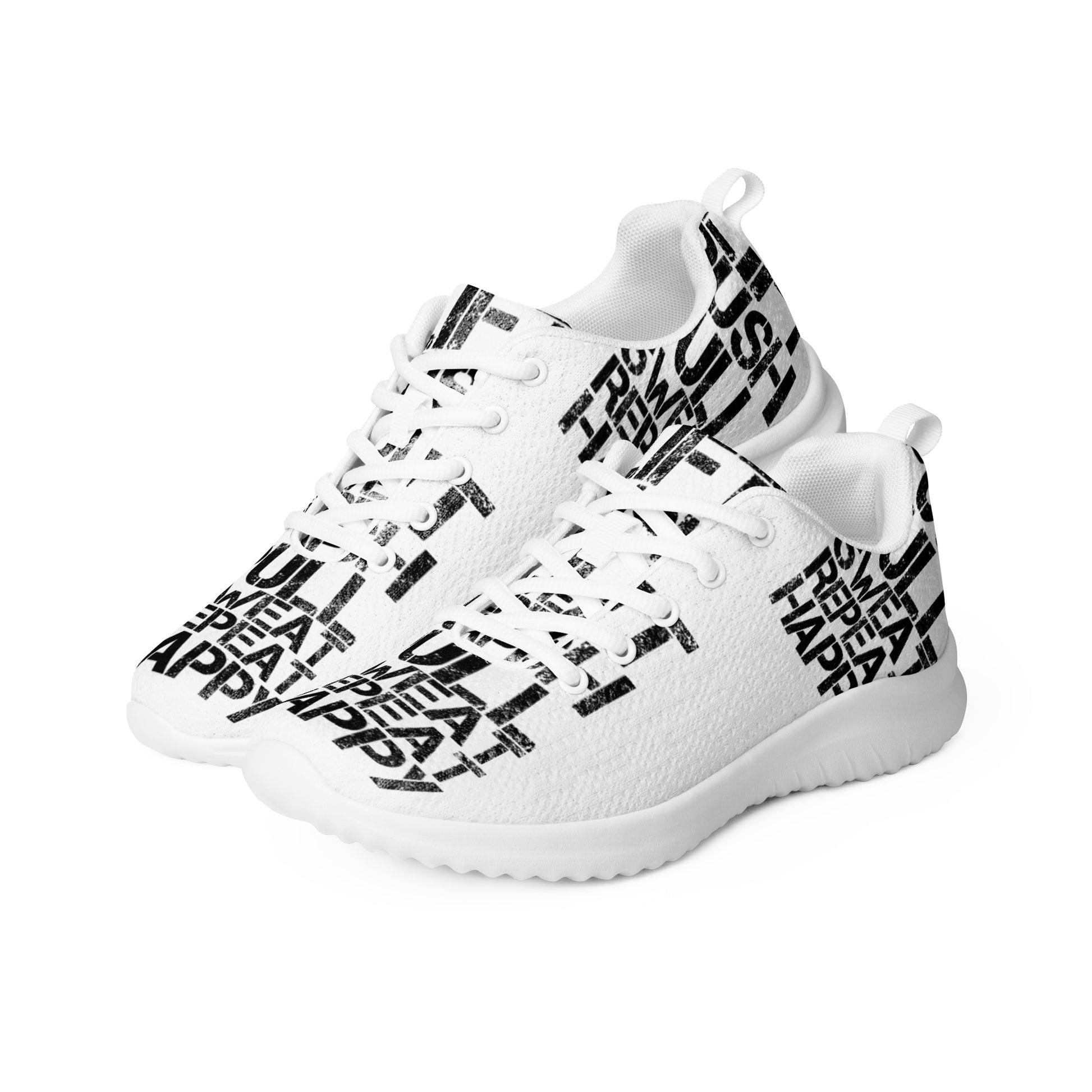 Mens athletic shoes side by side ultralight flyknit white sneakers black lift push pull sweat repeat happy distress print HappyStuff brand