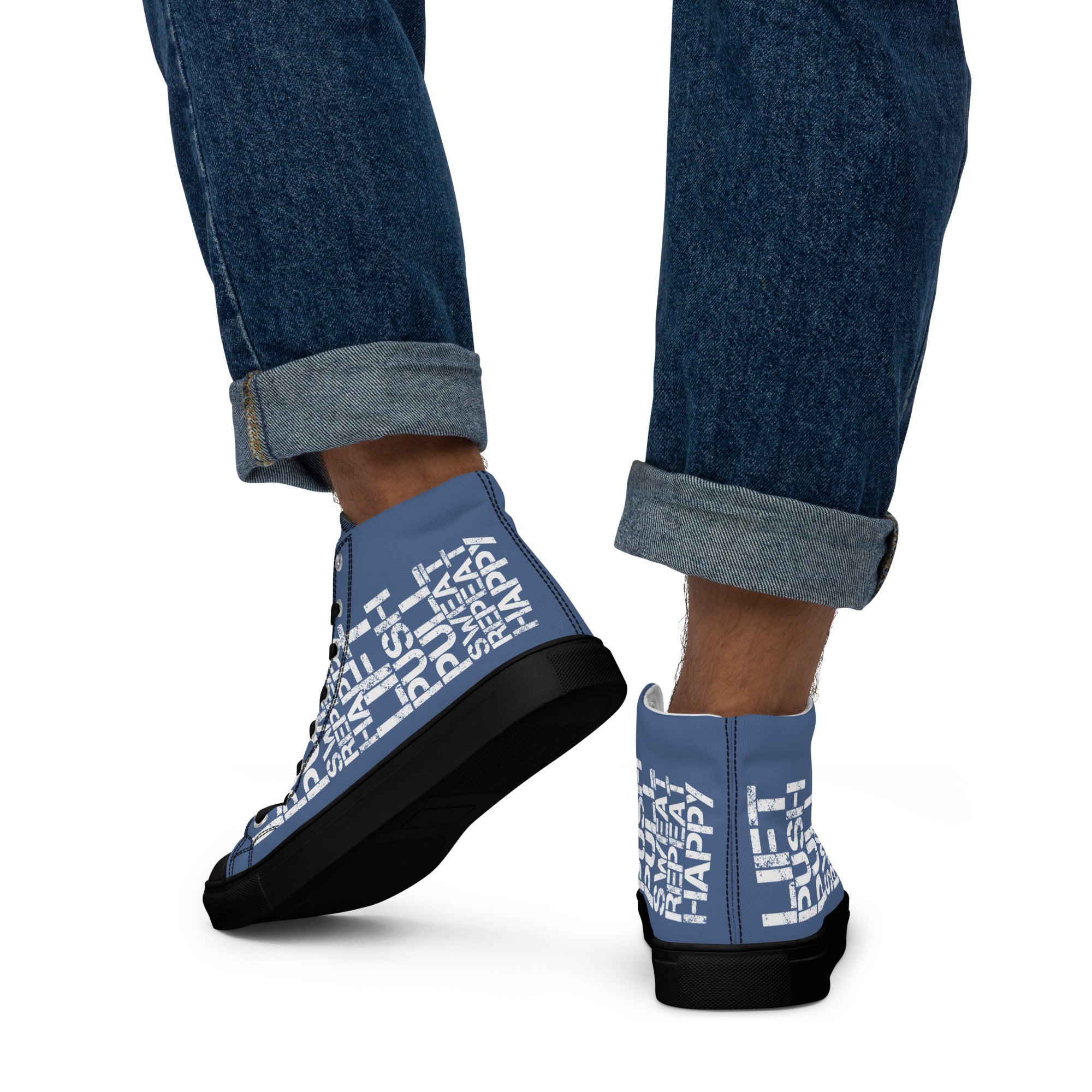 Gym Shoe Lift Push Pull Sweat Repeat Happy Distress Print Men s Denim Blue High Tops Black Sole