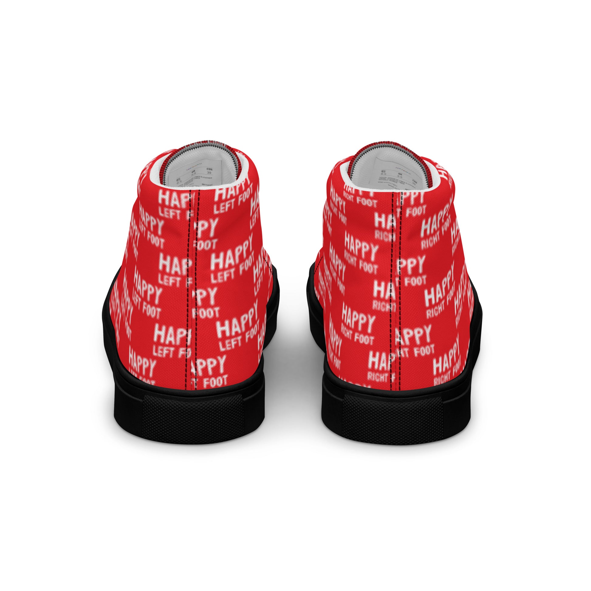 Fun shoes back view Happy Left Foot Happy Right Foot Pattern Print each on relevant shoe HappyStuff red high tops mens sneakers black sole