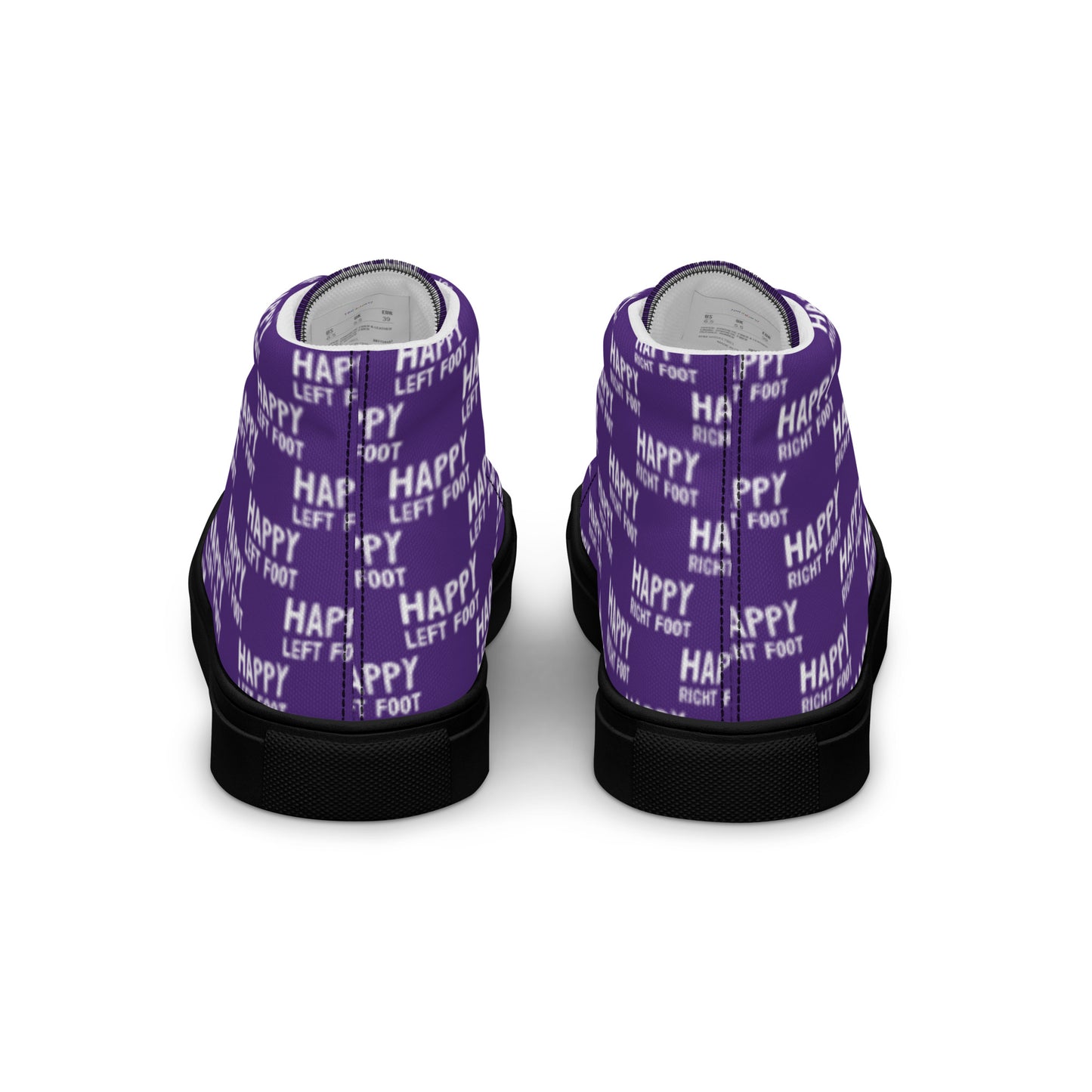 Fun shoes back view Happy Left Foot Happy Right Foot Pattern Print each on relevant shoe HappyStuff purple high tops mens sneakers black sole