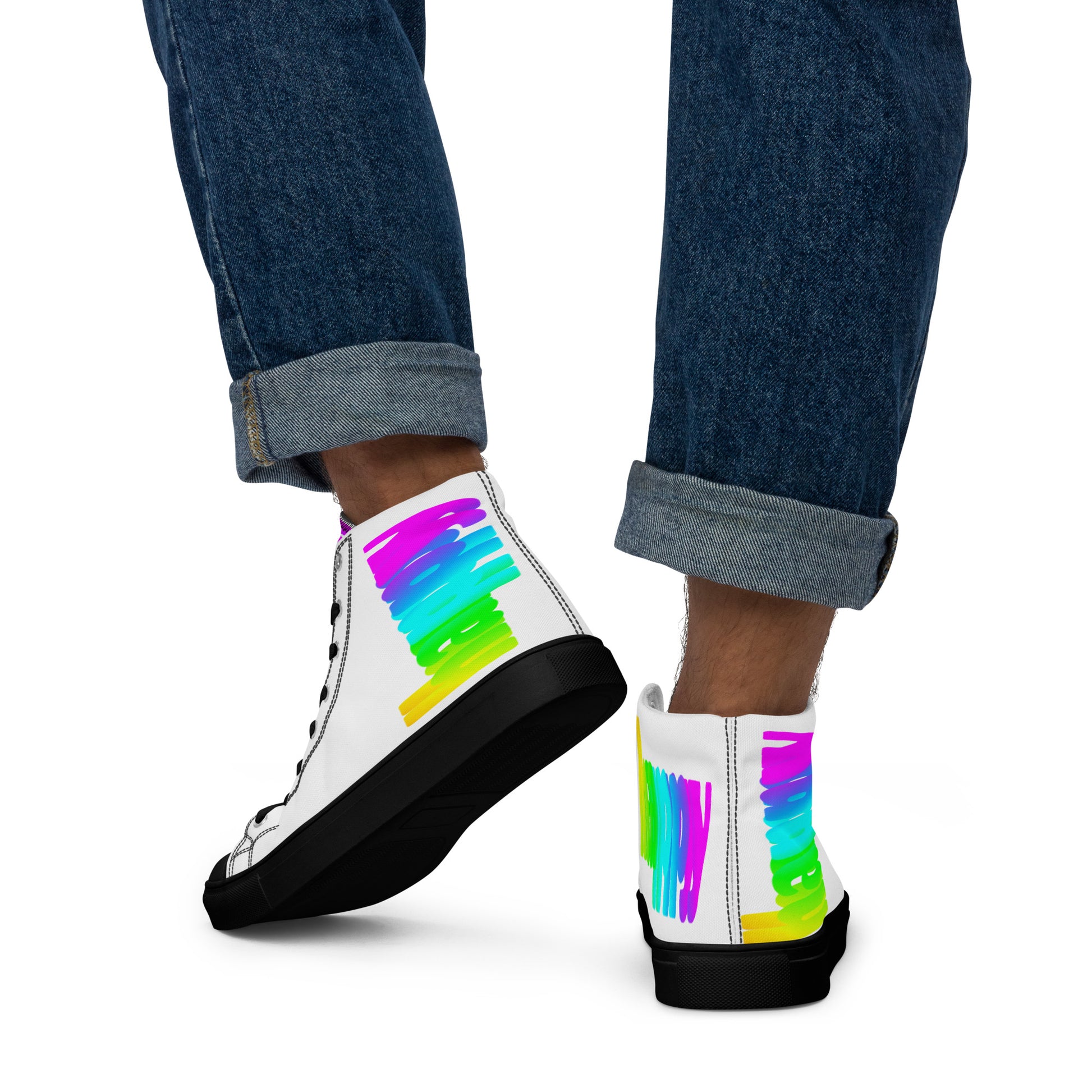 Mens sneakers rainbow shoes Happy Rainbow Painted Print bright colours on white high tops black sole walking away HappyStuff brand white shoes 