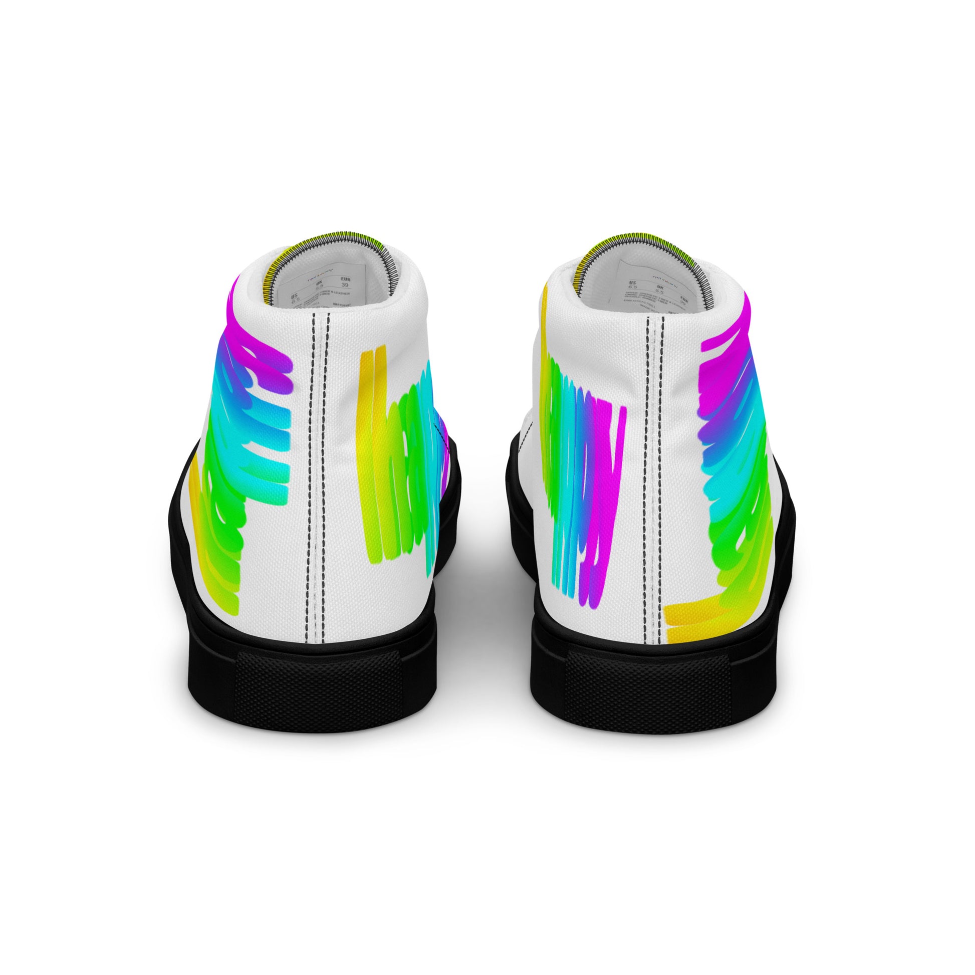 Rainbow shoes mens sneakers back view white high tops black sole Happy Rainbow Painted bright colour spectrum print HappyStuff Fun shoes