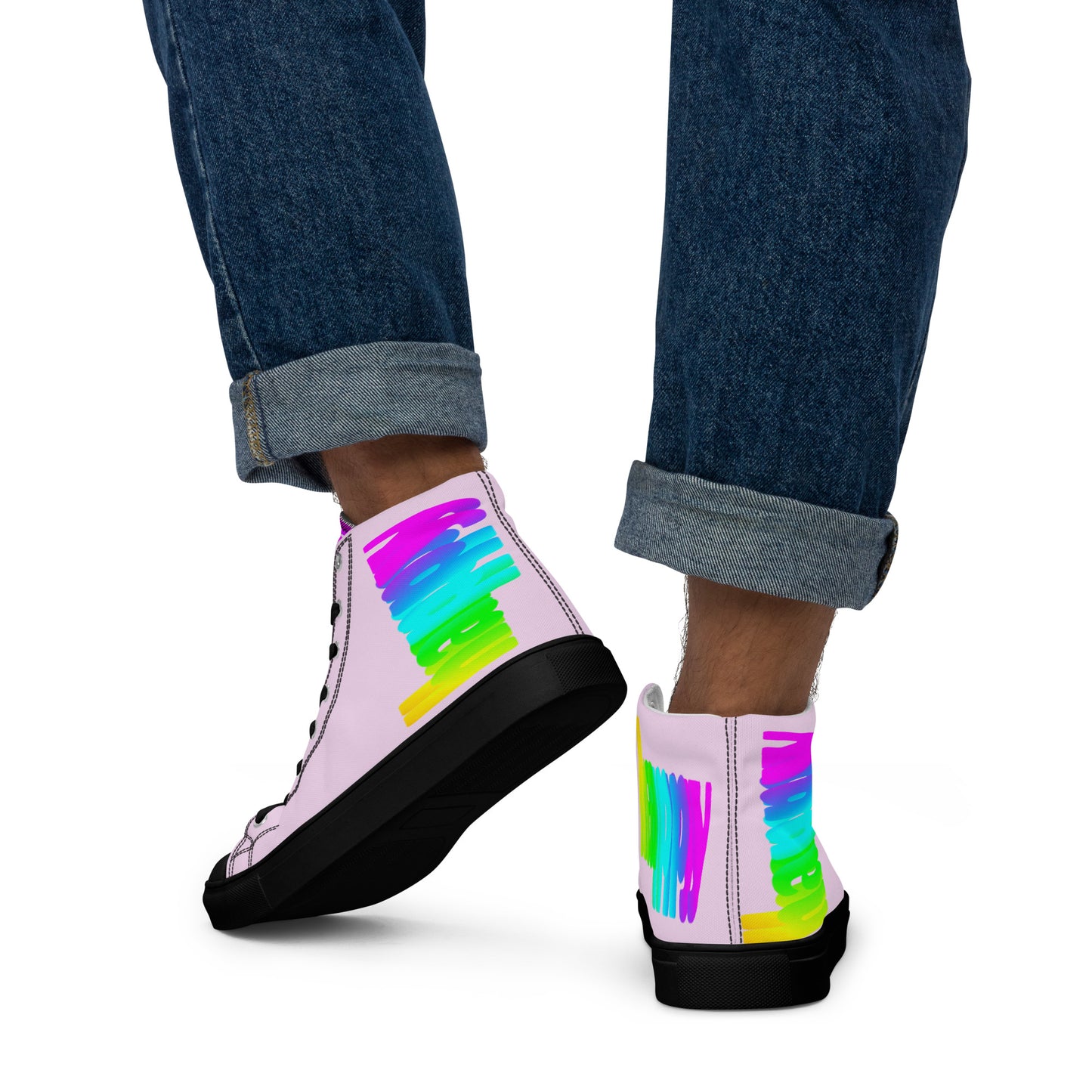 Mens sneakers rainbow shoes Happy Rainbow Painted Print bright colours on pink high tops black sole walking away HappyStuff brand pink shoes