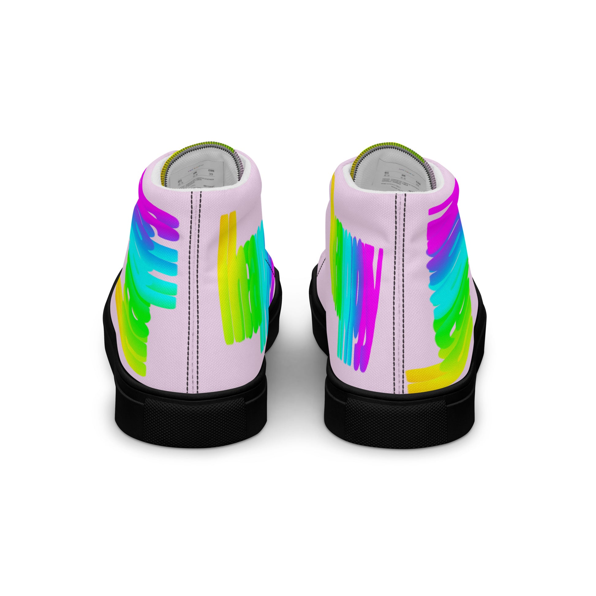 Rainbow shoes mens sneakers black sole back view pink high tops Happy Rainbow Painted bright colour spectrum print HappyStuff Fun shoes