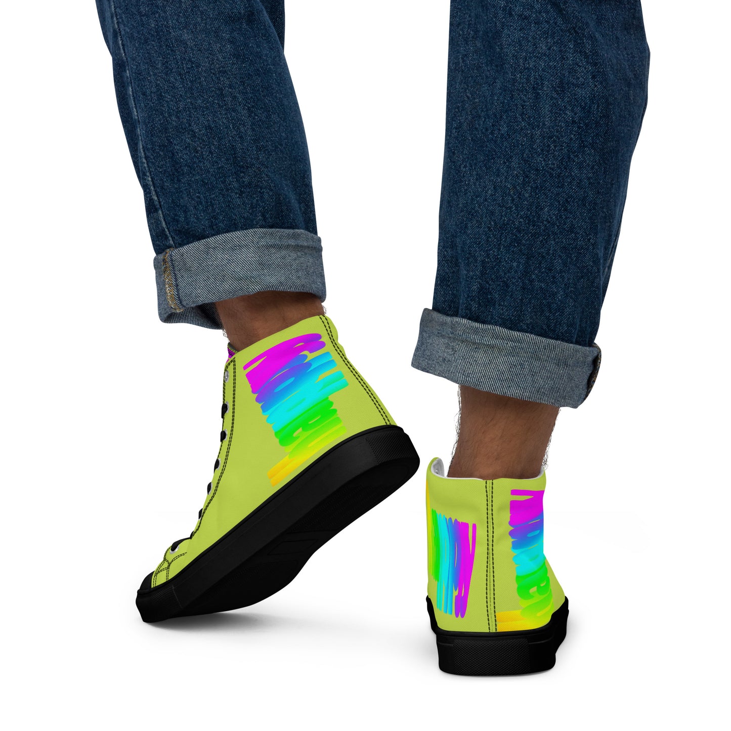 Mens sneakers green shoes Happy Rainbow Painted bright colours on green high tops black sole walking away HappyStuff brand rainbow shoes