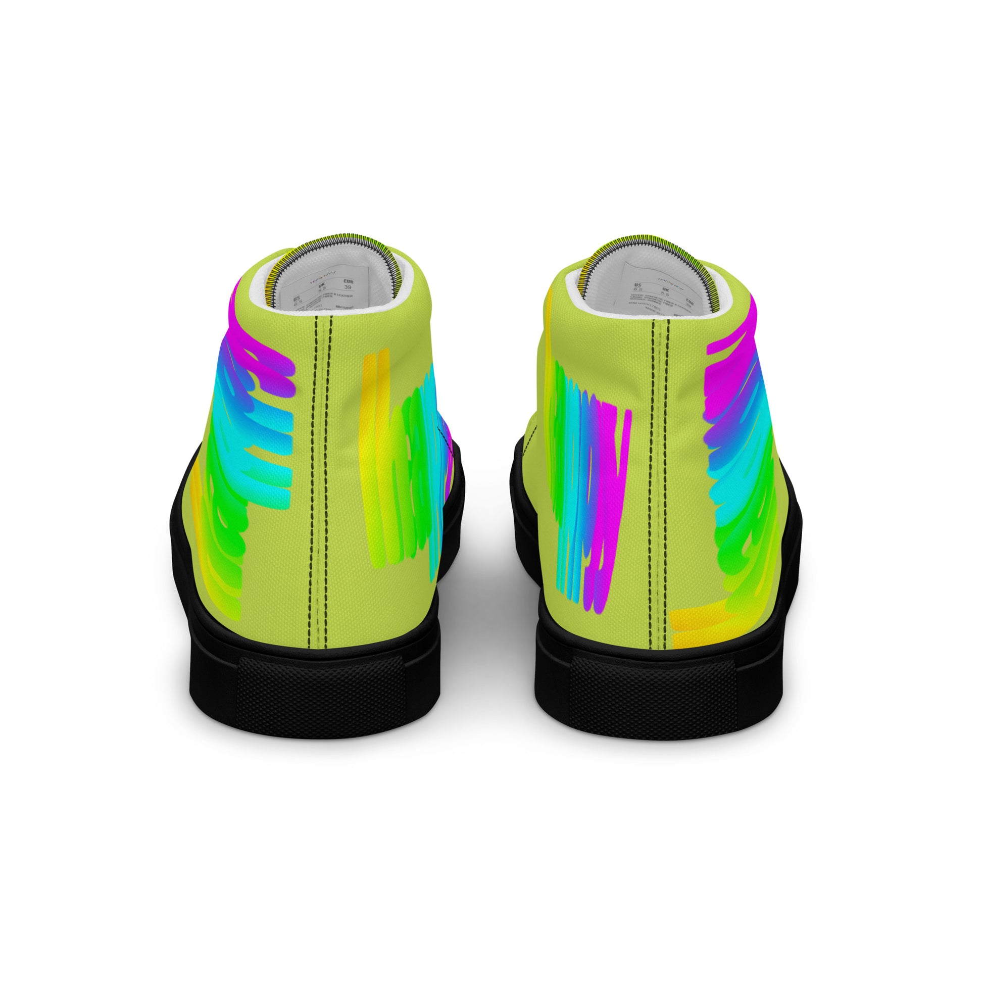 Rainbow shoes mens sneakers back view green high tops black sole Happy Rainbow Painted bright colour spectrum print HappyStuff Fun shoes